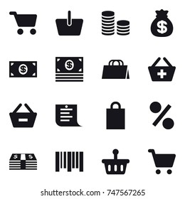 16 vector icon set : cart, basket, coin stack, money bag, money, shopping bag, add to basket, remove from basket, shopping list, percent
