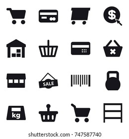 16 vector icon set : cart, card, delivery, dollar arrow, warehouse, basket, credit card, delete cart, market, sale, barcode, rack