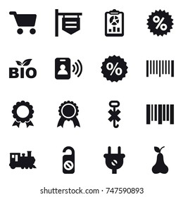 16 vector icon set : cart, shop signboard, report, percent, bio, pass card, barcode, medal, train, do not distrub, pear