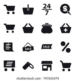 16 vector icon set : cart, basket, 24/7, dollar arrow, purse, add to basket, shopping list, sale, percent, delivery, shop