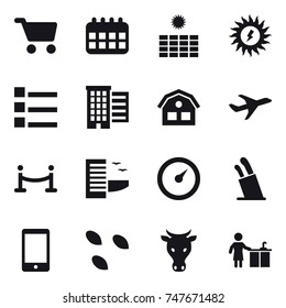 16 vector icon set : cart, calendar, sun power, list, houses, house, vip fence, hotel, barometer, stands for knives, seeds, cow, kitchen cleaning