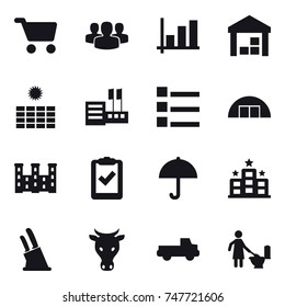 16 vector icon set : cart, group, graph, warehouse, sun power, store, list, hangare, palace, hotel, knife holder, cow, pickup, toilet cleaning