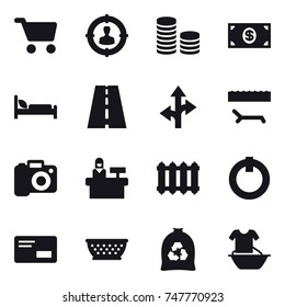 16 vector icon set : cart, target audience, coin stack, money, lounger, camera, reception, radiator, kolander, garbage bag, handle washing