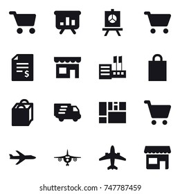 16 vector icon set : cart, presentation, account balance, shop, store, shopping bag, delivery, plane, airplane