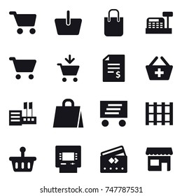 16 vector icon set : cart, basket, shopping bag, cashbox, add to cart, account balance, add to basket, store, delivery, atm, credit card, shop