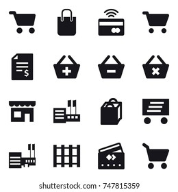 16 vector icon set : cart, shopping bag, tap to pay, account balance, add to basket, remove from basket, delete cart, shop, store, delivery, mall, credit card