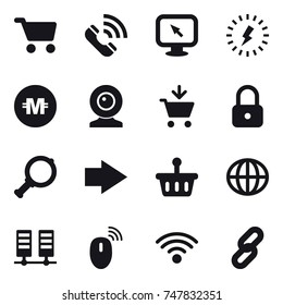 16 vector icon set : cart, call, monitor arrow, lightning, crypto currency, web cam, add to cart, lock, magnifier, right arrow, globe