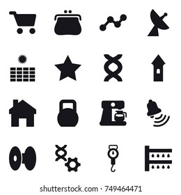 16 vector icon set : cart, purse, graph, satellite antenna, sun power, star, tower, home, coffee maker, bell, handle scales, watering