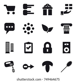 16 vector icon set : cart, diagram, gift, message, round around, column, skyscrapers, locked, speaker, mixer, duster