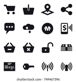 16 vector icon set : cart, basket, pointer, share, message, cloude service, crypto currency, mobile pay, remove from basket, delete cart, unlock, key, wireless