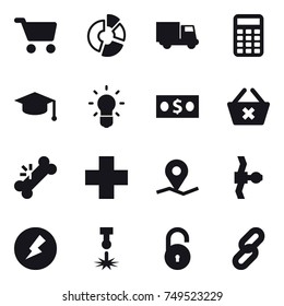 16 vector icon set : cart, circle diagram, truck, calculator, graduate hat, bulb, money, delete cart, electricity