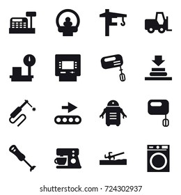 16 vector icon set : cashbox, tower crane, atm, mixer, soil cutter, washing machine