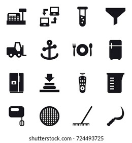16 vector icon set : cashbox, notebook connect, vial, funnel, cafe, fridge, measuring cup, rake, sickle