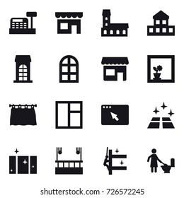 16 vector icon set : cashbox, shop, mansion, cottage, building, arch window, flower in window, curtain, window, clean floor, clean  window, skyscapers cleaning, skyscrapers cleaning, toilet cleaning