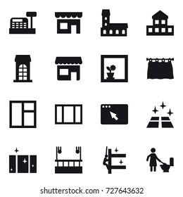 16 vector icon set : cashbox, shop, mansion, cottage, building, flower in window, curtain, window, clean floor, clean  window, skyscapers cleaning, skyscrapers cleaning, toilet cleaning