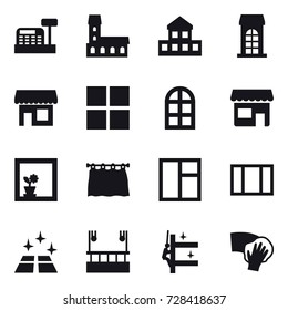 16 vector icon set : cashbox, mansion, cottage, building, shop, window, arch window, flower in window, curtain, clean floor, skyscapers cleaning, skyscrapers cleaning, wiping