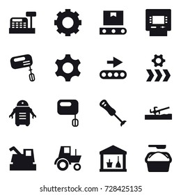 16 vector icon set : cashbox, gear, atm, mixer, soil cutter, harvester, tractor, utility room, washing powder
