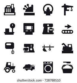 16 vector icon set : cashbox, tower crane, atm, coffee maker, plow, harvester, tractor, trash truck, washing machine, washing powder