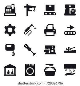 16 vector icon set : cashbox, tower crane, coffee maker, soil cutter, utility room, washing machine, washing powder, hand dryer