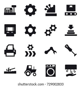 16 vector icon set : cashbox, gear, atm, soil cutter, tractor, washing machine, hand dryer