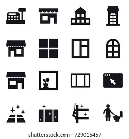 16 vector icon set : cashbox, shop, cottage, building, window, arch window, flower in window, clean floor, clean  window, skyscrapers cleaning, toilet cleaning
