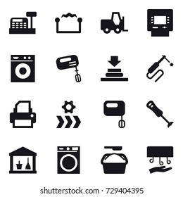 16 vector icon set : cashbox, electrostatic, atm, washing machine, mixer, utility room, washing powder, hand dryer