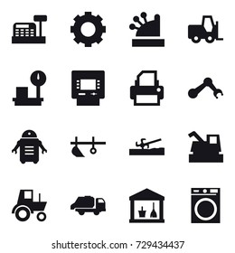 16 vector icon set : cashbox, gear, atm, plow, soil cutter, harvester, tractor, trash truck, utility room, washing machine