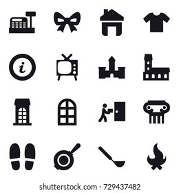 16 vector icon set : cashbox, bow, home, t-shirt, info, tv, castle, mansion, building, arch window, antique column, slippers, pan, ladle, fire