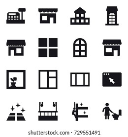 16 vector icon set : cashbox, shop, cottage, building, window, arch window, flower in window, clean floor, skyscapers cleaning, skyscrapers cleaning, toilet cleaning