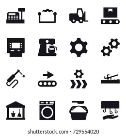 16 vector icon set : cashbox, electrostatic, atm, coffee maker, soil cutter, utility room, washing machine, washing powder, hand dryer