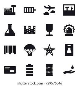 16 vector icon set : cashbox, battery, journey, tools, palace, starfish, identity card, hand and drop