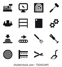 16 vector icon set : cashbox, monitor arrow, fingerprint, building helmet, rack, cutting board, big fork, watering, pruner, scoop