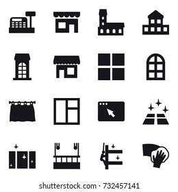 16 vector icon set : cashbox, shop, mansion, cottage, building, window, arch window, curtain, clean floor, clean  window, skyscapers cleaning, skyscrapers cleaning, wiping
