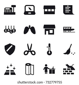 16 vector icon set : cashbox, notebook, market, shopping list, sale, shop, train, scissors, thermometer, broom, clean floor, paper towel, kitchen cleaning, construct garbage