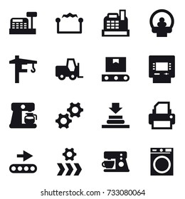16 vector icon set : cashbox, electrostatic, tower crane, atm, coffee maker, washing machine