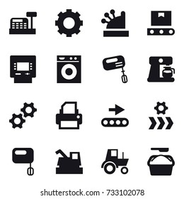 16 vector icon set : cashbox, gear, atm, washing machine, mixer, coffee maker, harvester, tractor, washing powder