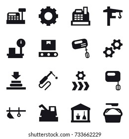 16 vector icon set : cashbox, gear, tower crane, mixer, plow, harvester, utility room, washing powder