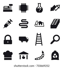 16 vector icon set : cashbox, chip, round flask, up down arrow, project, brick, lock, stairs, cook hat, warehouse, peas, garbage bag