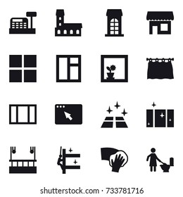 16 vector icon set : cashbox, mansion, building, shop, window, flower in window, curtain, clean floor, clean  window, skyscapers cleaning, skyscrapers cleaning, wiping, toilet cleaning