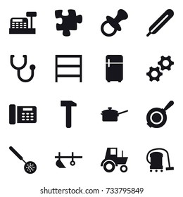 16 vector icon set : cashbox, puzzle, nipple, rack, fridge, saute pan, pan, skimmer, plow, tractor, vacuum cleaner