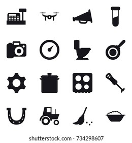 16 vector icon set : cashbox, drone, loudspeaker, camera, barometer, toilet, pan, horseshoe, tractor, broom, foam basin