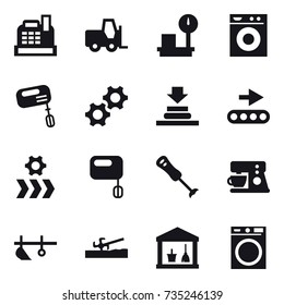 16 vector icon set : cashbox, washing machine, mixer, plow, soil cutter, utility room