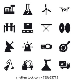 16 vector icon set : cashbox, flask, windmill, drone, iron board, pan, vacuum cleaner, dish cleanser, plunger, home call cleaning