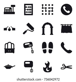 16 vector icon set : cashbox, abacus, chip, phone, drawbridge, repair, arch, curtain, dresser, mixer, slippers, pan, scissors