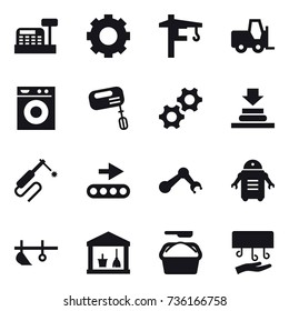 16 vector icon set : cashbox, gear, tower crane, washing machine, mixer, plow, utility room, washing powder, hand dryer