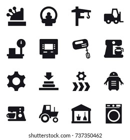16 vector icon set : cashbox, tower crane, atm, mixer, coffee maker, tractor, utility room, washing machine