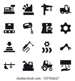 16 vector icon set : cashbox, tower crane, mixer, coffee maker, plow, harvester, tractor, hand dryer