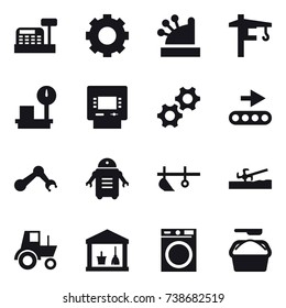 16 vector icon set : cashbox, gear, tower crane, atm, plow, soil cutter, tractor, utility room, washing machine, washing powder