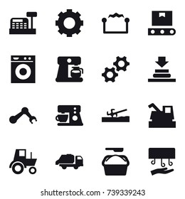 16 vector icon set : cashbox, gear, electrostatic, washing machine, coffee maker, soil cutter, harvester, tractor, trash truck, washing powder, hand dryer