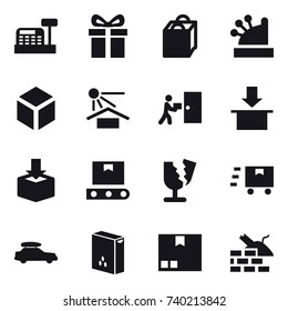 16 vector icon set : cashbox, gift, shopping bag, 3d, car baggage, package, construct garbage